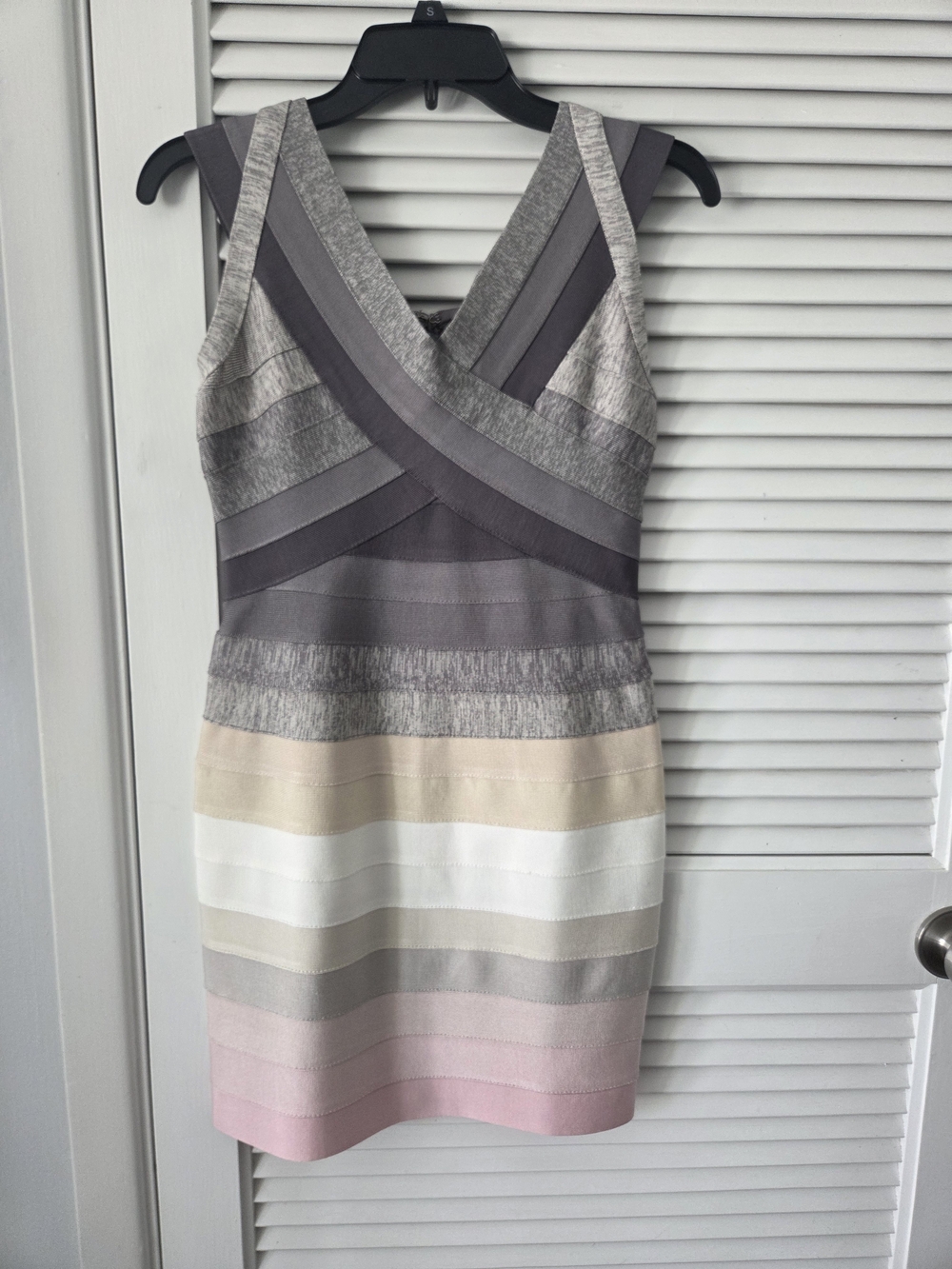 Striped Bandage V-Neck Bodycon Dress in Gray, Cream & Pink NWT
